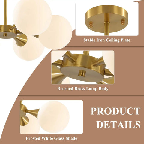 Brushed Gold Sputnik Flush Mount Ceiling Light With Six Milk Glass Globes, stable iron ceiling plate, brass lamp body, frosted shade