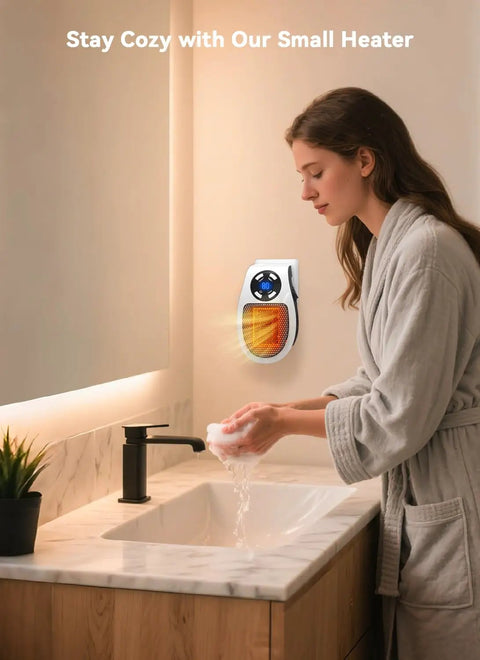 Portable 450W Plug In Heater With Remote in bathroom wall outlet near woman washing hands