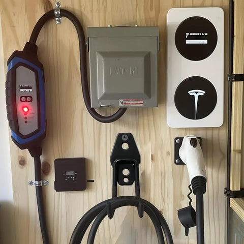 Rugged EV Charging Cable Holder Wall Mount with Anti Slip Rubber Coating holding cords, mounted on a garage wall.