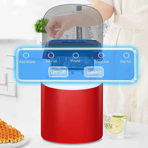 Fast Freeze Countertop Ice Maker Produces Nine Fresh Cubes In Eight Minutes compact red design with control panel and user interaction.