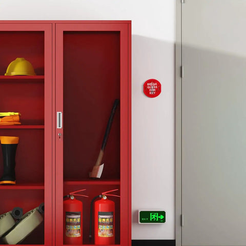 Emergency Key Box With Break Glass For Grab And Go Quick Entry Red Linkage Door Lock Box beside red storage cabinet
