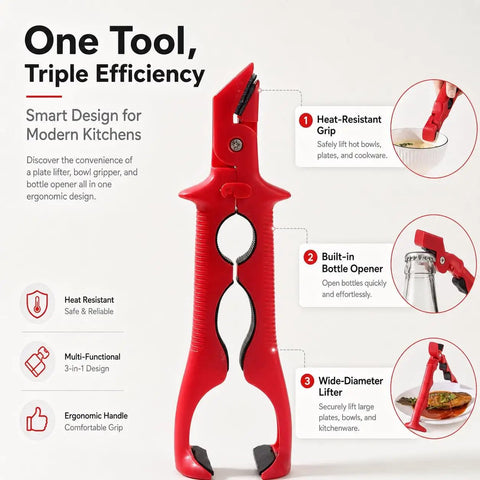 Heavy Duty 3 In 1 Kitchen Lift Tool With Sure Fire Non Slip Heat Safe Grip For Holding Bowls Casseroles Pot Lids And Bottle Caps Quick Mixing Sidekick And Serving Essential In Bright Red with ergonomic design and functions.