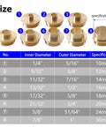 Damn Solid Brass Router Bushing Guide Set With Eight Precision Template Guides Lock Nuts And Compact Case image showing sizes and diameters.