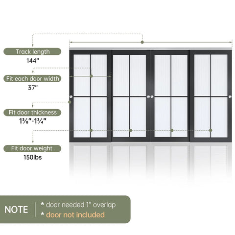 Bypass Double Sliding Pocket Door Hardware Kit 12Ft For 4 Door System Aluminum Track dimensions diagram.