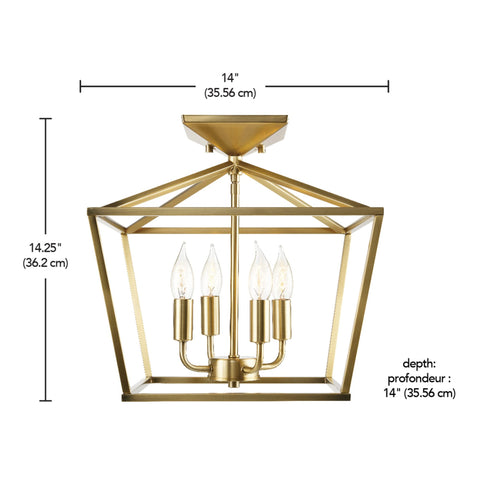 Sheldon Brass Four Light Industrial Farmhouse Semi Flush Ceiling Mount Light with brass open frame, 14-inch width