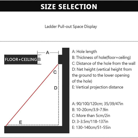 Size selection diagram for Built Tough Electric Remote Control Pull Down Attic Ladder with measurements for installation.