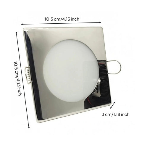 predolo Square LED Recessed Light Dimmable Indoor Lighting Spring Clip, 7W shown with size dimensions 10.5 cm x 10.5 cm x 3 cm.