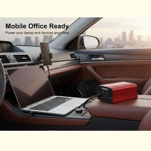 150 Watt Power Inverter Transforms 12V Dc To 110V Ac With Cigarette Lighter Plug And Dual Usb Charging Ports For Camp Builds Road Trips And Mobile Office Hustle in car with laptop.
