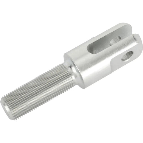 Heavy Duty Steel Clevis With Right Hand Thread Designed For Suspension Linkage And Custom Fabrication Featuring A 3/8 Inch Slot And Pin Hole, close-up view.