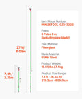 Product diagram of Extendable Manual Pole Saw with eight sections, reaching up to 27 feet, featuring 65Mn steel blade and fiberglass pole.