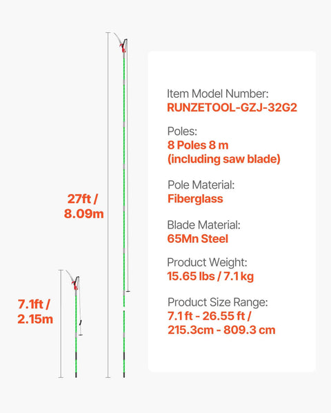 Product diagram of Extendable Manual Pole Saw with eight sections, reaching up to 27 feet, featuring 65Mn steel blade and fiberglass pole.