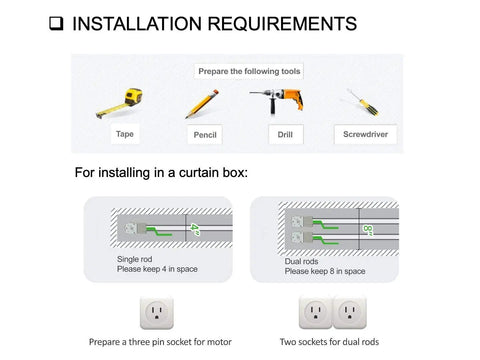 Heavy Duty Smart Curtain Rod System With Remote And WiFi Control, Alexa And Google Home Compatible, TuyaSmart SmartLife App, Quiet Aluminum Motor, 80 LB Load Capacity, 16.4 Ft Length, Easy Install, Plug And Play, Durable And Long Lasting installation requirements and tools