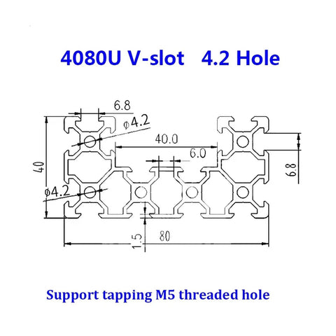 Rock Solid 4080 V Slot Aluminum Extrusion Profile Matte Black Oxidized 500mm Bar technical drawing with dimensions and M5 holes.
