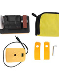 Pocreation Cordless Mini Bench Grinder with grinding wheels, charger, yellow cloth, and accessories for DIY tasks.