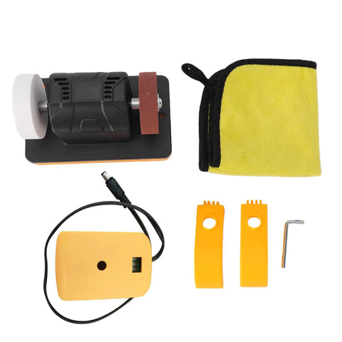Pocreation Cordless Mini Bench Grinder with grinding wheels, charger, yellow cloth, and accessories for DIY tasks.