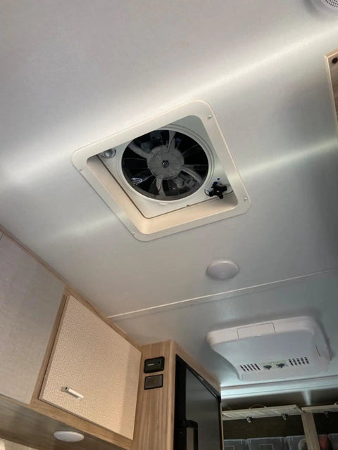 Ventline Compatible RV Roof Vent Motor Upgrade Kit For Easy Inside Installation Not Hengs Replacement Motor visible in ceiling