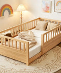 Twin Floor Bed With High Safety Fence, Solid Pine Wood Montessori Toddler Sleep Platform, Natural Finish Wooden Frame for kids room.