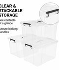 Straight Up Premium Clear Storage Bins With Secure Seal Lids And Heavy Duty Handles stacked with black handles for organized storage.
