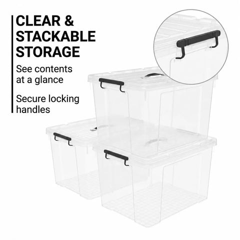 Straight Up Premium Clear Storage Bins With Secure Seal Lids And Heavy Duty Handles stacked with black handles for organized storage.