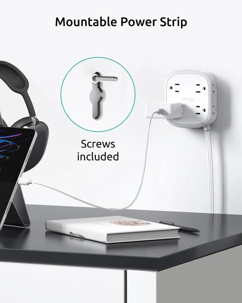 360 Rotating Flat Plug Power Strip With 8 Widely Spaced Outlets And 4 USB Ports 1 USB C 5ft Cord Wall Mountable 1440J Surge Protector