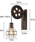 Two Pack Retro Industrial Pulley Wall Lamps Vintage Black Rust Metal Sconces E27 Socket with 100cm cable and dimensions.