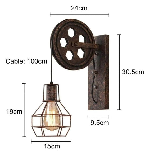 Two Pack Retro Industrial Pulley Wall Lamps Vintage Black Rust Metal Sconces E27 Socket with 100cm cable and dimensions.