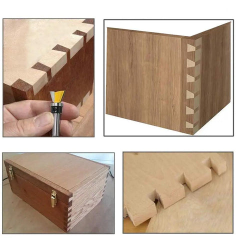 Top Shelf Carbide Dovetail Router Bit Set Two Piece Kit used on joinery for a wooden jewelry box with clean dovetail cuts.