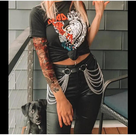 Edgy Layered Belly Chain Made From Distressed Leather And Antique Alloy Links worn with black leather pants and graphic tee.