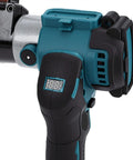 Close-up of No Fuss 21V Cordless Belt Sander handle with digital display, designed for precision wood and metal work.
