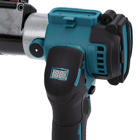Close-up of No Fuss 21V Cordless Belt Sander handle with digital display, designed for precision wood and metal work.