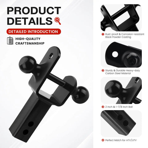 Dual Ball Trailer Hitch Receiver For ATV UTV With 5000 Lbs GTW Three In One Multi Hitch Includes 2 Inch And 1 7 8 Inch Balls Fits 2 Inch Receiver rise 1 inch black powder-coated carbon steel hitch
