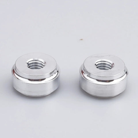 Top Shelf 6061 T6 Aluminum Female M8 X 1.25 Metric Weld On Mounting Boss Bung Fitting Boasting A Slick Stepped Design Made For Quick Welds Into Oil Pans Radiators Or Custom Garage Builds Pack Of Two, shiny aluminum bungs.