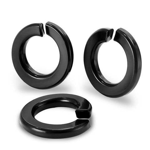 Three Eighths Inch Split Lock Washers Set Of 50, 304 Stainless Steel Spring Lock Washers With Black Oxide Finish, close-up view