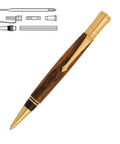 Gold and wood Executive Twist Ballpoint Pen Kit Starter Package for Woodturning Projects, hardware layout visible