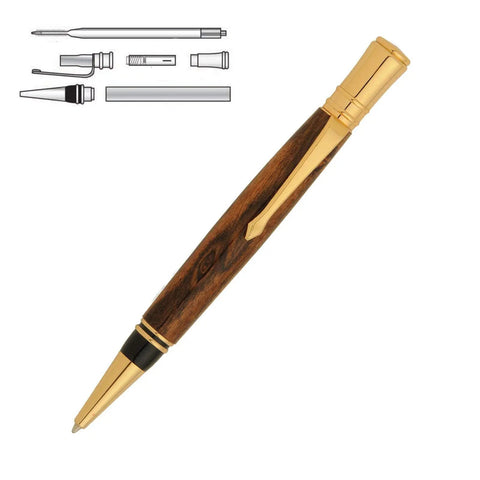 Gold and wood Executive Twist Ballpoint Pen Kit Starter Package for Woodturning Projects, hardware layout visible