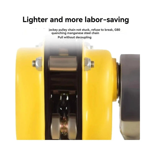 Heavy Duty 0.5 Ton Aluminum Alloy Lever Hoist Crane for tightening with yellow jockey pulley and steel chain.