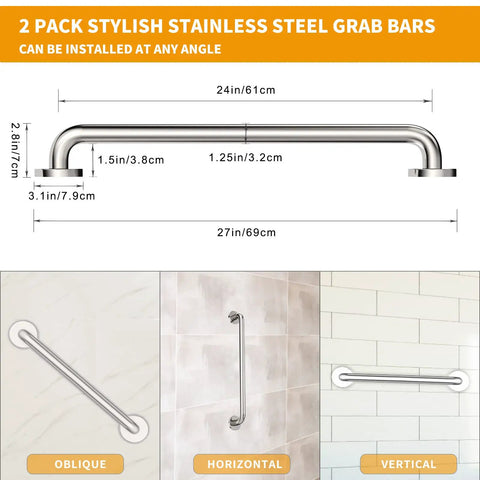 Image of Heavy Duty 24 Inch Brushed Nickel Grab Bars For Bathroom Safety, Solid One Piece Construction, showing various angles.