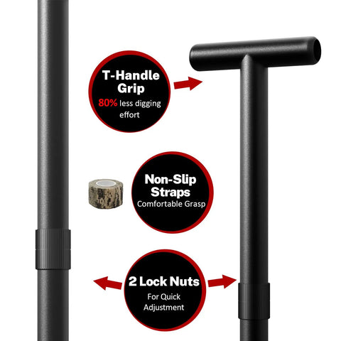 T-handle grip and lock nuts of Heavy Duty Spade Shovel With Adjustable T Handle Serrated Blade For Root Cutting 31 To 45 Inch Length 4.5 Pound