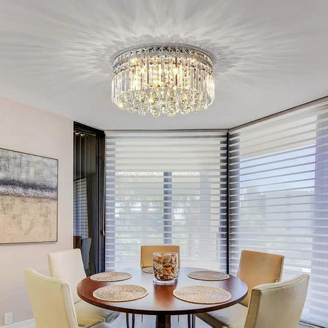 8 Light Crystal Chandelier With K9 Crystals Modern Flush Mount Ceiling Light Fixture For Bedroom Dining Living Room LED Compatible G9 Bulbs Not Included in dining room.