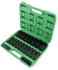 Top Tier Rustproof Electric Hex Key Socket Kit With Drill Adapter For Heavy Duty Jobs Made From Chrome Vanadium Steel Includes Wide Size Range To Power Through Any Tough Bolt Or Nut On Site Today, 20-piece black socket set in green case
