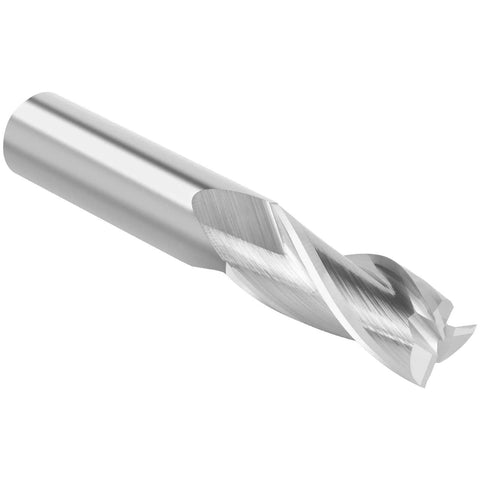 Router bit, upcut 3-flute carbide end mill; 1/2 in shank, 1/2 in cutting diameter, 3 in total length.