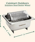 Stainless Steel Butter Wheel For Griddles And Grills Raised Bottom Butter Roller For Even Spreading On Buns Burgers Toast And BBQ At Tailgates Golden Crust Every Time Durable And Easy To Clean shown front view.