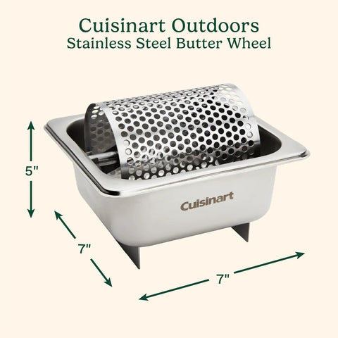 Stainless Steel Butter Wheel For Griddles And Grills Raised Bottom Butter Roller For Even Spreading On Buns Burgers Toast And BBQ At Tailgates Golden Crust Every Time Durable And Easy To Clean shown front view.