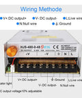 Front view of Adjustable DC Power Converter From AC 110V-220V To DC 0-48V At 10A, 480W, showing wiring connections and voltage outputs.