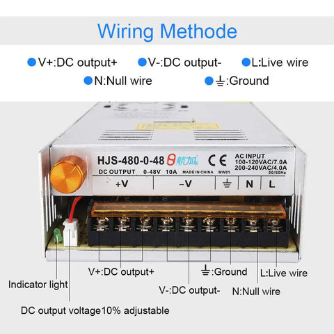 Front view of Adjustable DC Power Converter From AC 110V-220V To DC 0-48V At 10A, 480W, showing wiring connections and voltage outputs.