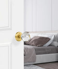 Crystal Glass Door Knobs With Privacy Lock For Bedroom And Bathroom, Gold Satin Brass Finish, open door to bedroom view