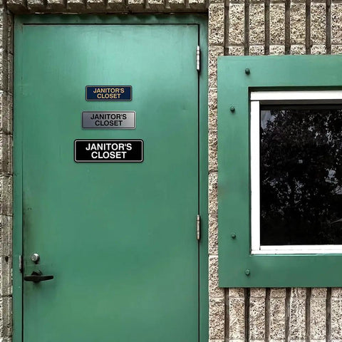 Standard Black Janitor's Closet Sign With Adhesive Tape For Easy Stick On Mounting, Durable Wall Signage On Green Door