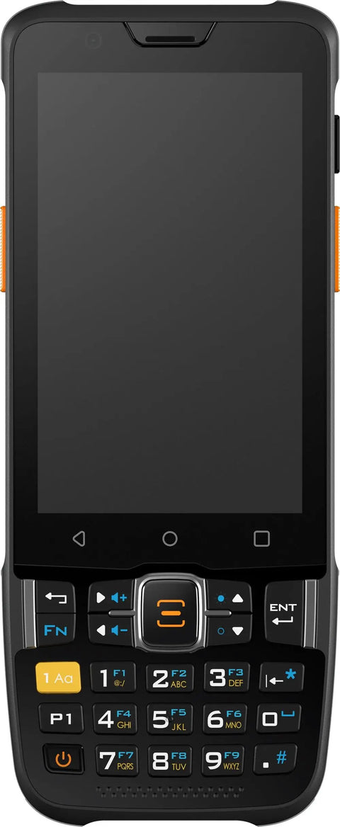 Built Tough Android Handheld Scanner PDA featuring lightning fast barcode engine and zero lag GMS interface, front view with keypad.