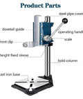 Pro Grade Sturdy Floor Drill Press Stand Featuring Adjustable Vertical Sleeve And Beefy Steel Vice Tailored For Rock Solid Benchtop Precision Workstation Setup detailed components including guide and column.