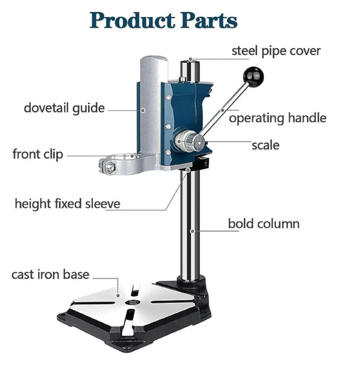 Pro Grade Sturdy Floor Drill Press Stand Featuring Adjustable Vertical Sleeve And Beefy Steel Vice Tailored For Rock Solid Benchtop Precision Workstation Setup detailed components including guide and column.